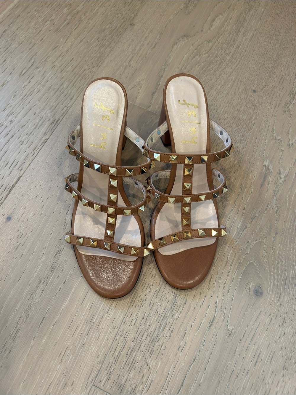 French Sole gold Studded Brown Strappy Heeled Sandals